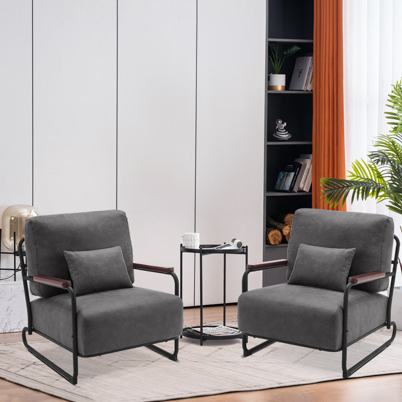 Accent Chair, Upholstered Reading Chair, Wooden Armrests Guest Chair, Grey
