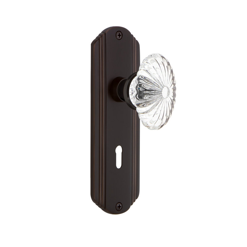 Deco Plate with Decorative Keyhole and Oval Fluted Crystal Door Knob, Timeless Bronze