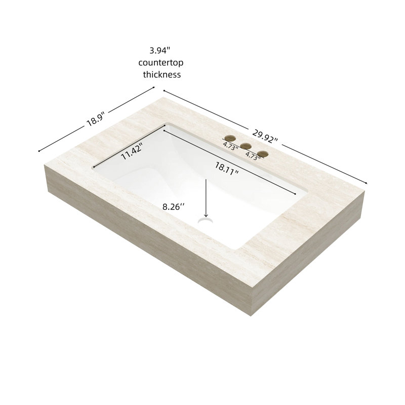 Comptoir en pierre frittée à motif beige 76 cm (30 po) avec lavabo encastré en céramique, trois trous prépercés pour robinetterie standard, profondeur 75,2 cm (29,63 po), largeur 48,4 cm (19,07 po), poids 21,8 kg (48,12 lb), hauteur 21 cm (8,29 po), couleur beige.