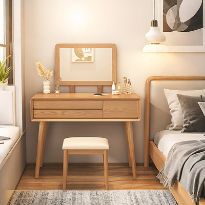 39.37"Modern Minimalist Rubberwood Vanity Desk with Large Mirror