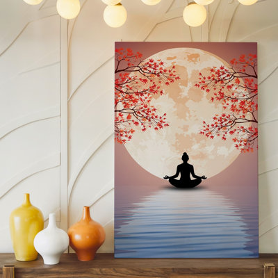 Toile, scène sereine représentant une silhouette de méditation, art mural assis en position en tailleur contre une grande toile