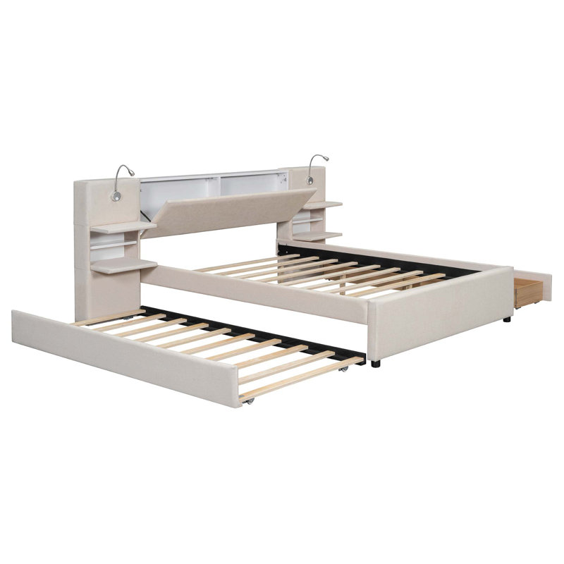 Lit plateforme tapissier avec lampes de lecture, tiroirs, lit gigogne et tablettes