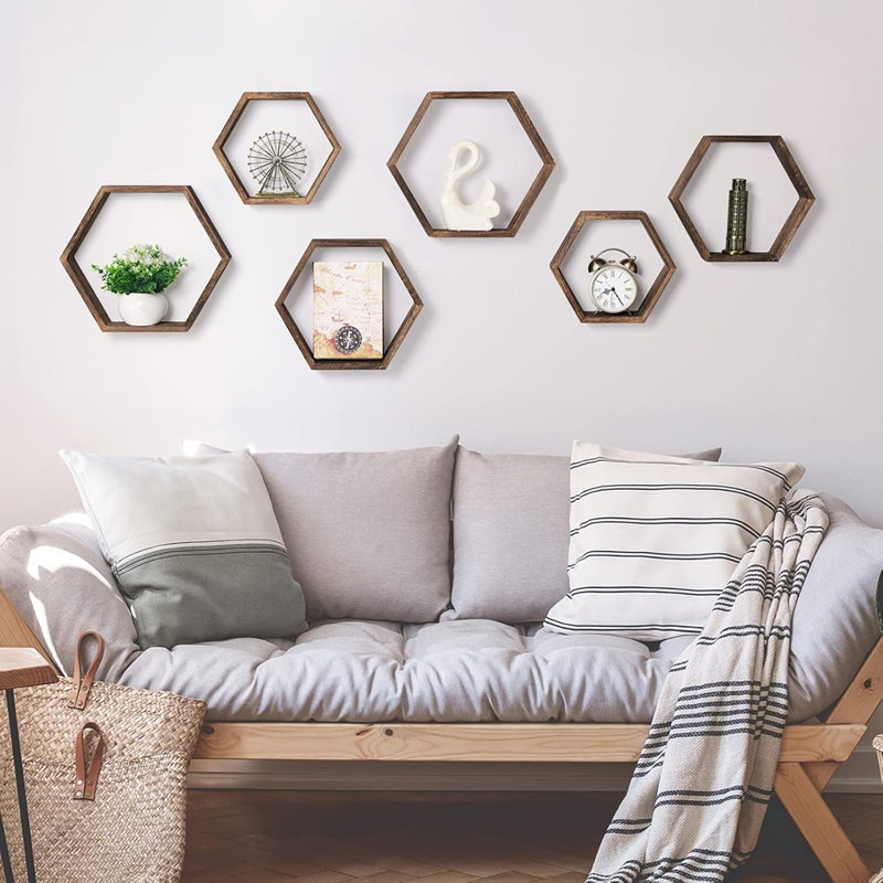 Floating Shelves Set Of 6 Farmhouse Honeycomb Wall Storage Shelf Wood Display Hexagonal Shelves Wall Mounted Hanging Rustic Shelf Racks For Bedroom Living Room Hallway Office Decor, Brown