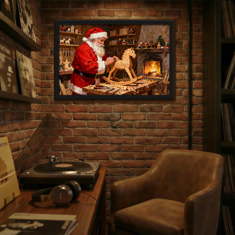 Scène d'atelier de Noël en forme de père Noël en bois, H 20 po x l 30 po
