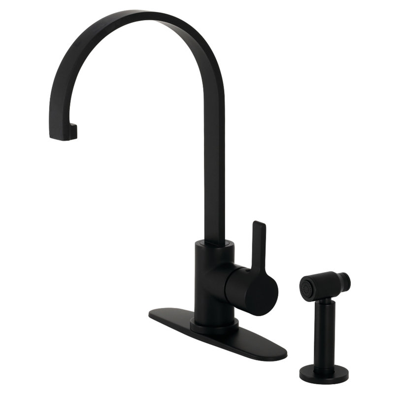 Kingston Brass Continental Single-Handle Deck Mount Kitchen Faucet with Brass Sprayer and Deck Plate, Matte Black
