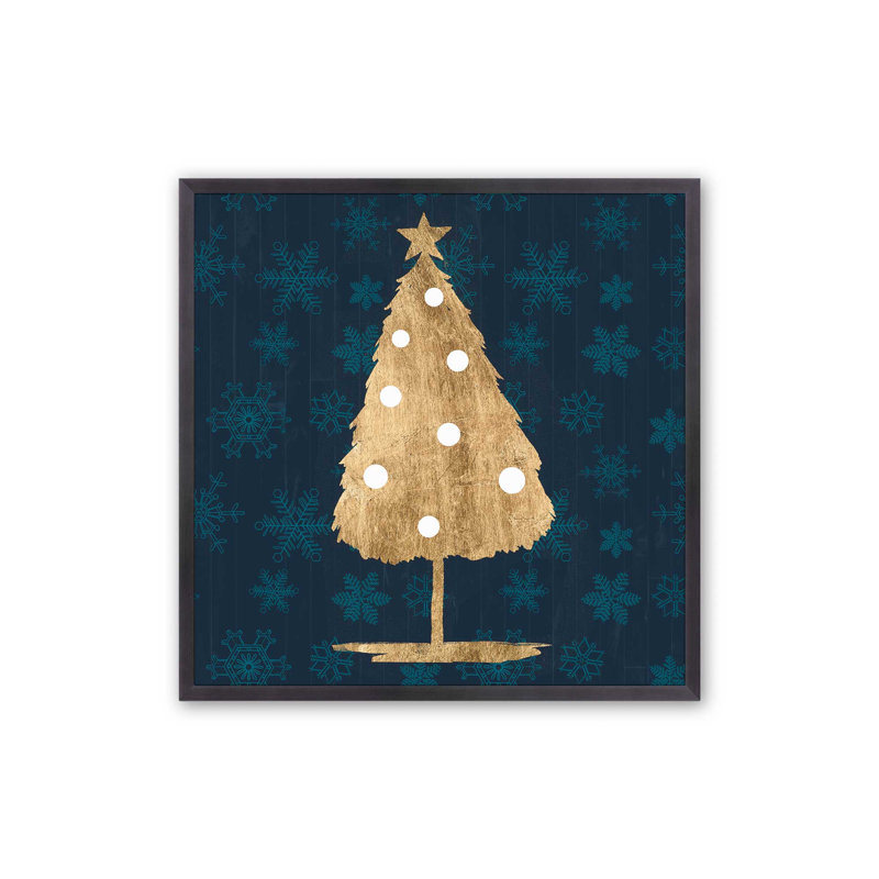 Arbre des Fêtes avec imprimé bleu marine I, H 13,75 po x l 13,75 po, Cadre simple en zinc patiné, bois massif