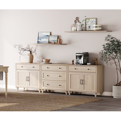 Buffet Corretta à 5 tiroirs et 4 portes, style vintage, fini chêne clair, 257 cm (101 po).