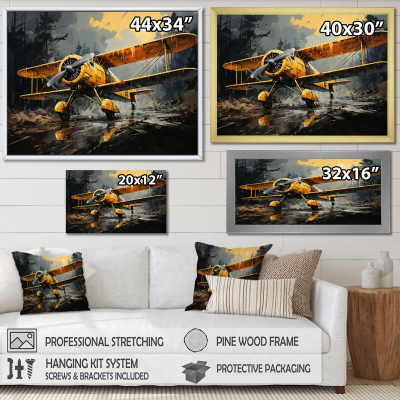 Avion jaune en forêt - imprimé, Cadre simple noir, H 34 po x l 44 po x P 1,5 po