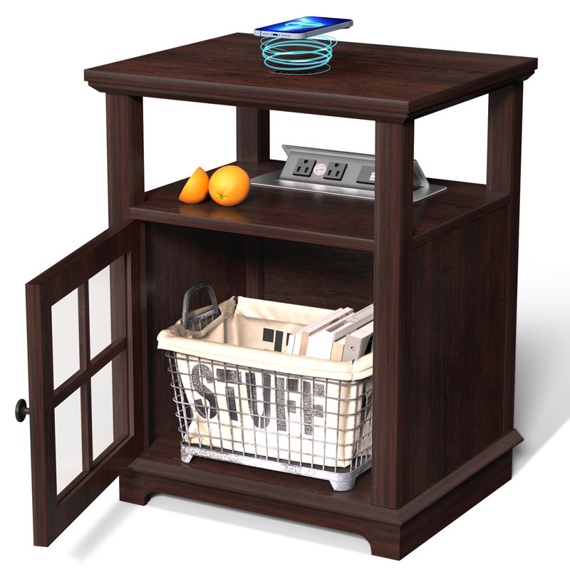 Cherelyn 24" Tall End Side Table with Storage and Built-in Outlets for Living Room,Bedroom,Office,Nightstands, Brown, Brown