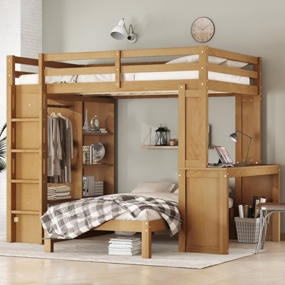 Full XL/Full Over Twin Bunk Bed With Dismountable Lower Bed And Desk, Solid Wood Bunk Beds Frame With Built-In Shelves And Wardrobe