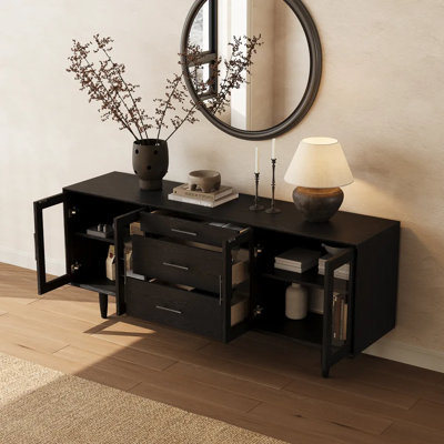 Mid-Century Modern TV Stand With Glass Doors, Fully Assembled