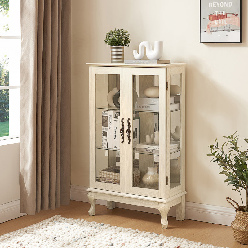 Vitrine avec portes en verre trempé, vitrine lumineuse avec panneau arrière en miroir et tablettes réglables, armoire d'appoint