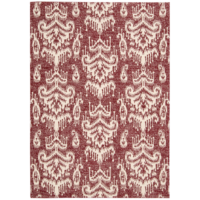 Crimson Red and White Abstract Wool Shag Area Rug