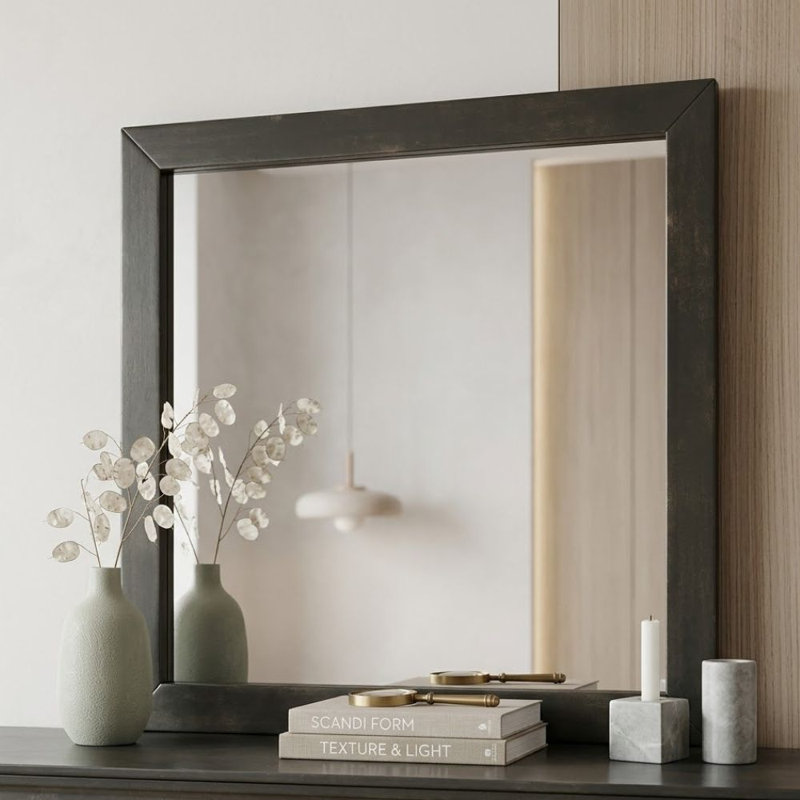 Grille de 38,25 po X P 38,13 po H Miroir rectangulaire transitionnel avec cadre en bois, Gray