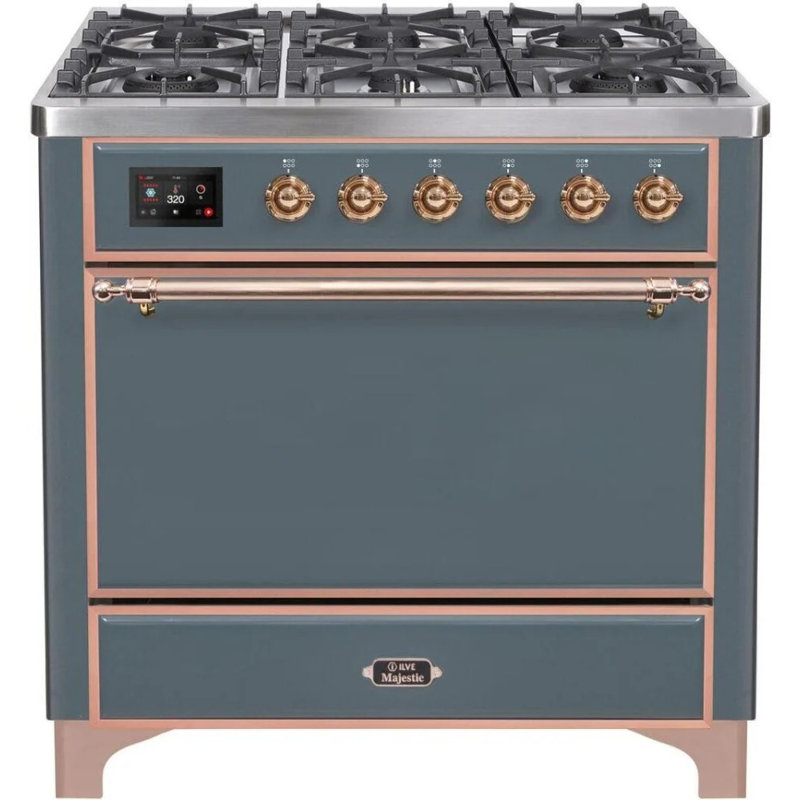 Cuisinière à double combustible 36 pouces avec 6 brûleurs scellés et plaque chauffante ILVE Majestic II Series (porte pleine)