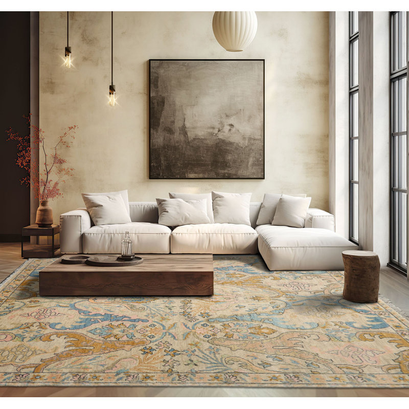 Tapis beige en laine noué à la main Oushak, Rectangulaire 8 pi x 10 pi