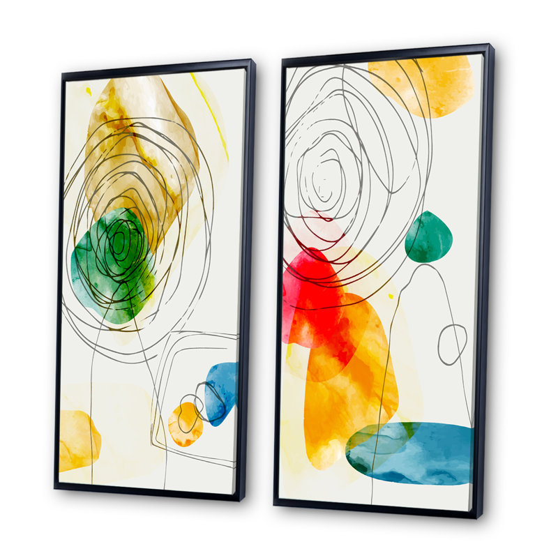 «Trendy Abstracts with Colorful Shapes V», ensemble de 2 peintures, H 20 po x l 24 po x P 1 po, Cadre noir