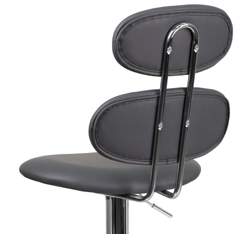 Norberg Contemporary Vinyl Adjustable Height Barstool with Ellipse Back and Chrome Base, Gray