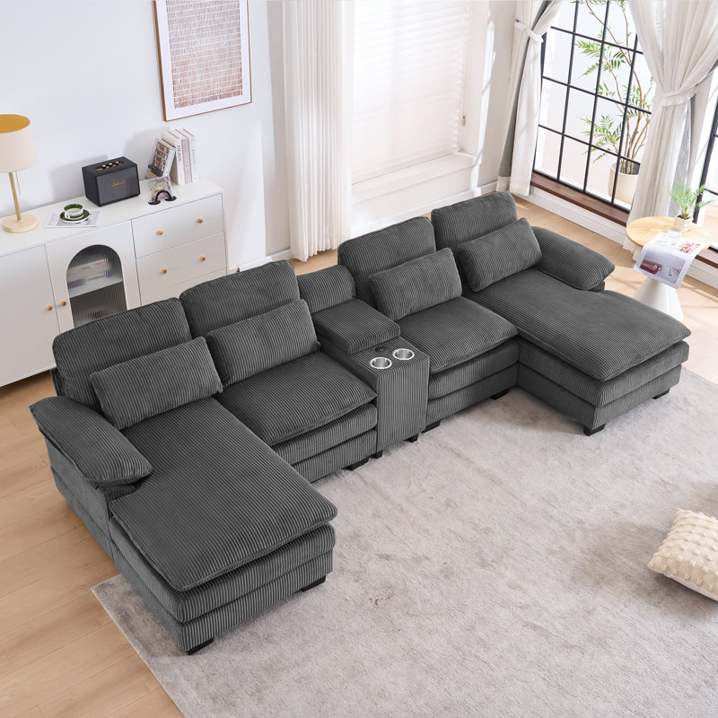124'' U-shaped Sectional Sofa, 4-Seater Modular Sofa With Storage, Living Room Cloud Couch Sleeper Sofa Sectional With Chaise,With Console And USB 