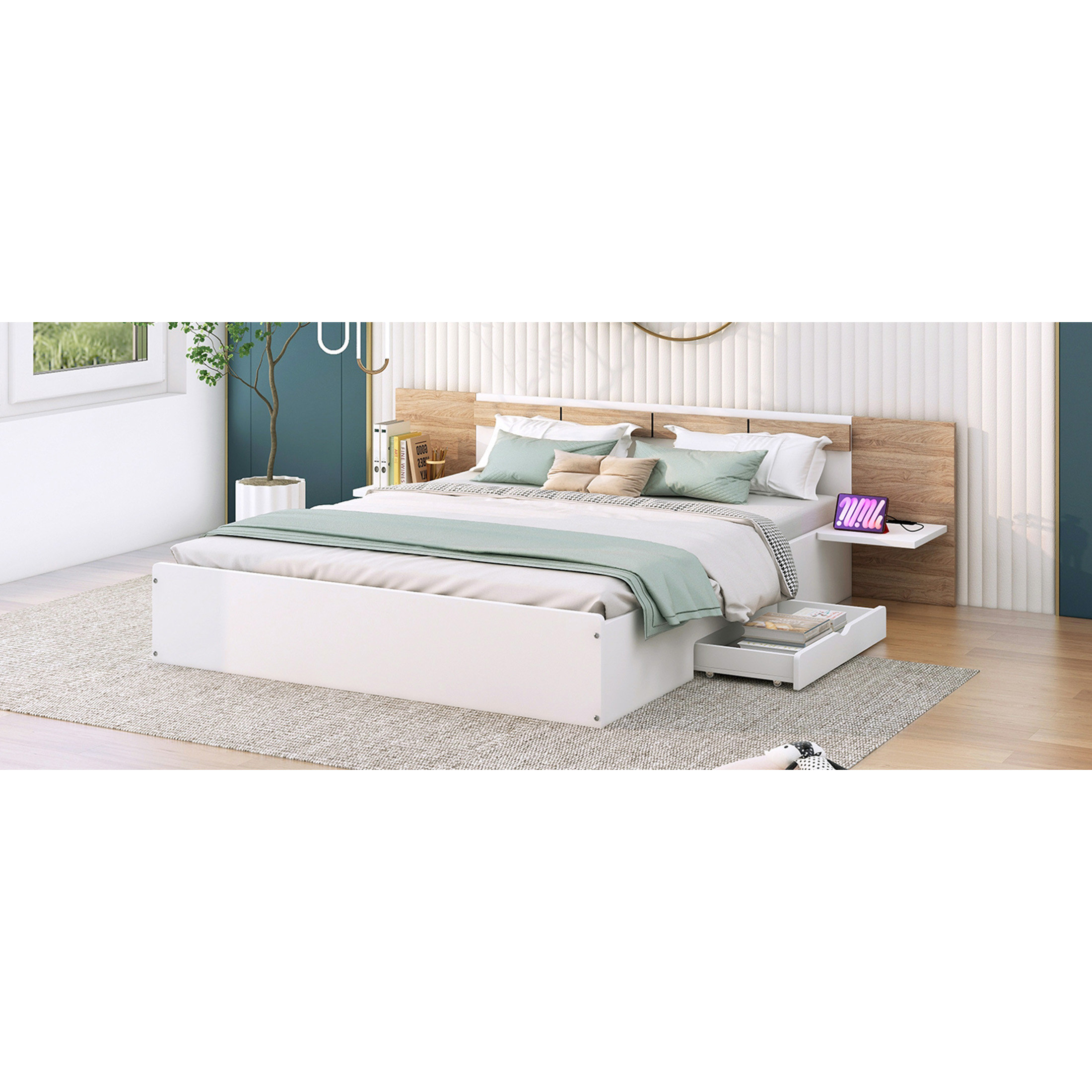 Latitude Run® Platform Bed with Headboard, Drawers, Shelves, USB Ports ...
