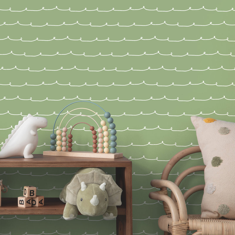 Papier peint rayé vert Wiggle Line, Vert