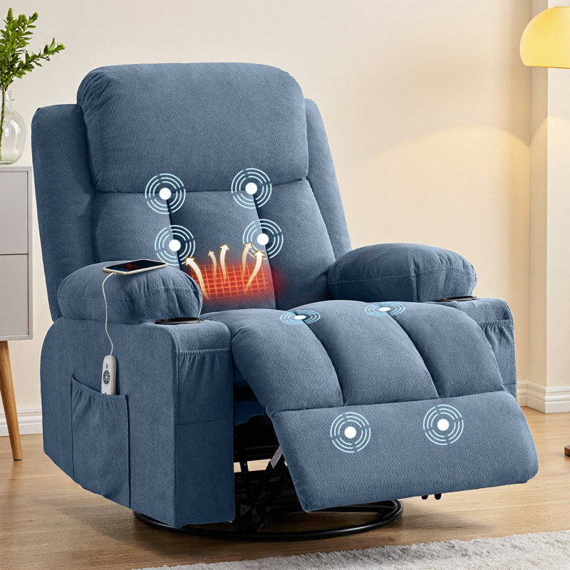 38" Brown Swivel Rocker Recliner w/ 8-Point Massage & Heat, Cup Holders, USB Port, 350 lb Capacity, Blue