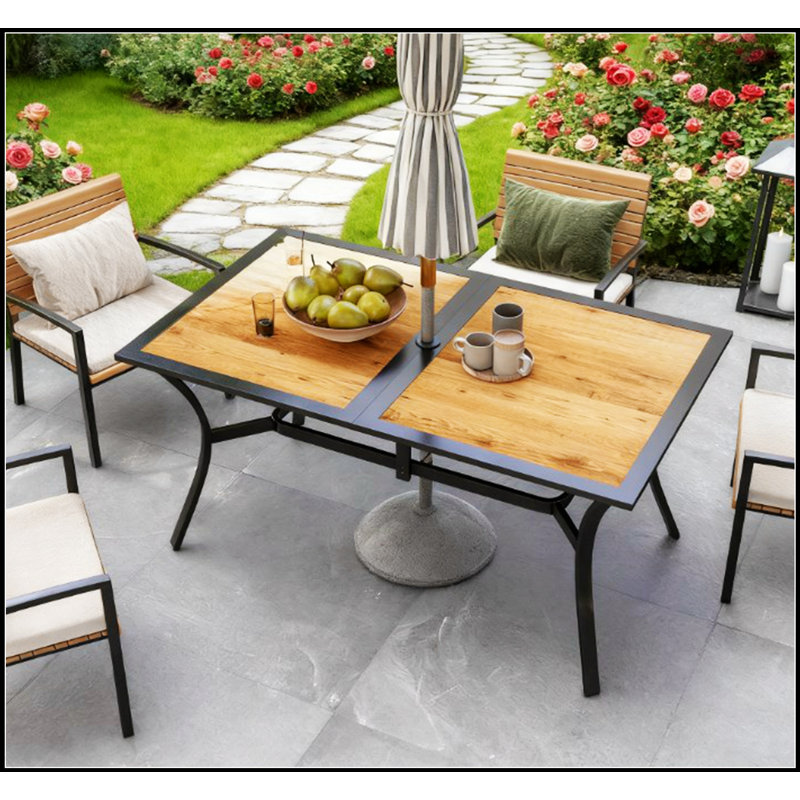 Table de salle à manger rectangulaire stable en faux bois avec trou pour parasol