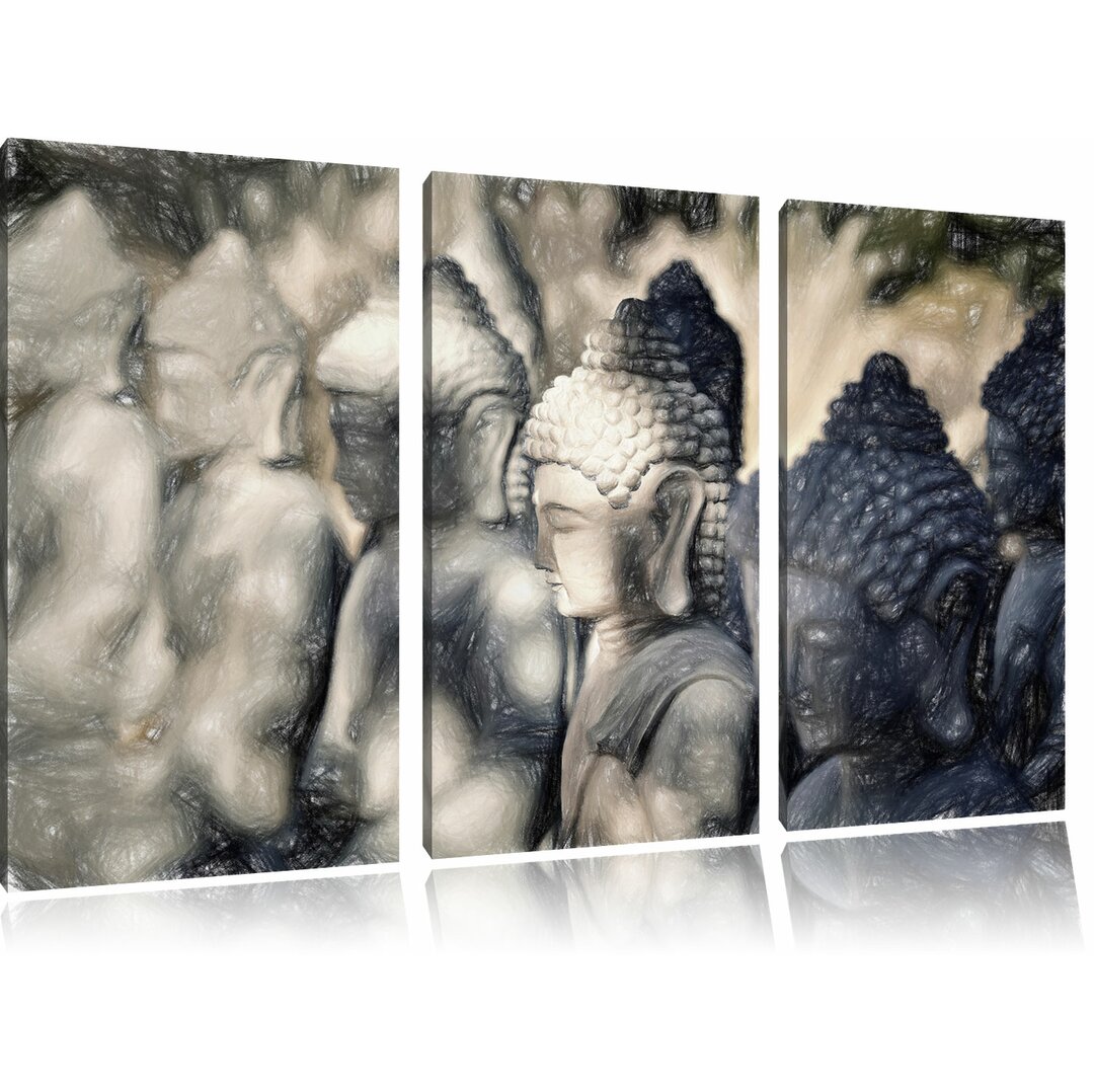 3-tlg. Leinwandbilder-Set „Meditierende Buddha-Statuen in einer Reihe“, Grafikdruck