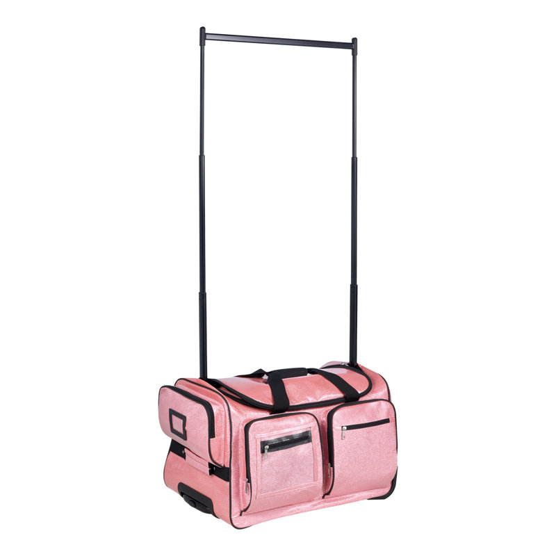 Sac de danse avec portemanteau, sac de danse à roulettes 23 pouces, avec roues, port USB, portemanteau réglable en hauteur, rideau de protection de la vie privée, idéal pour les voyages et les compétitions, rose étincelant