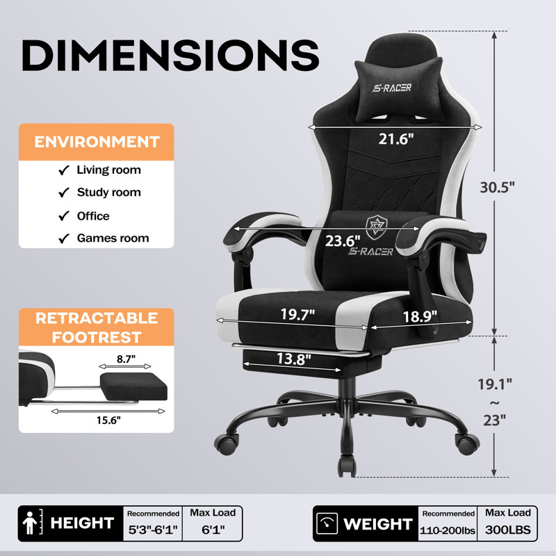 Fabric Gaming Chair With Massage Lumbar Support, High Back Ergonomic Computer Chair With Footrest, Reclining Game Chair With Linkage Armrests