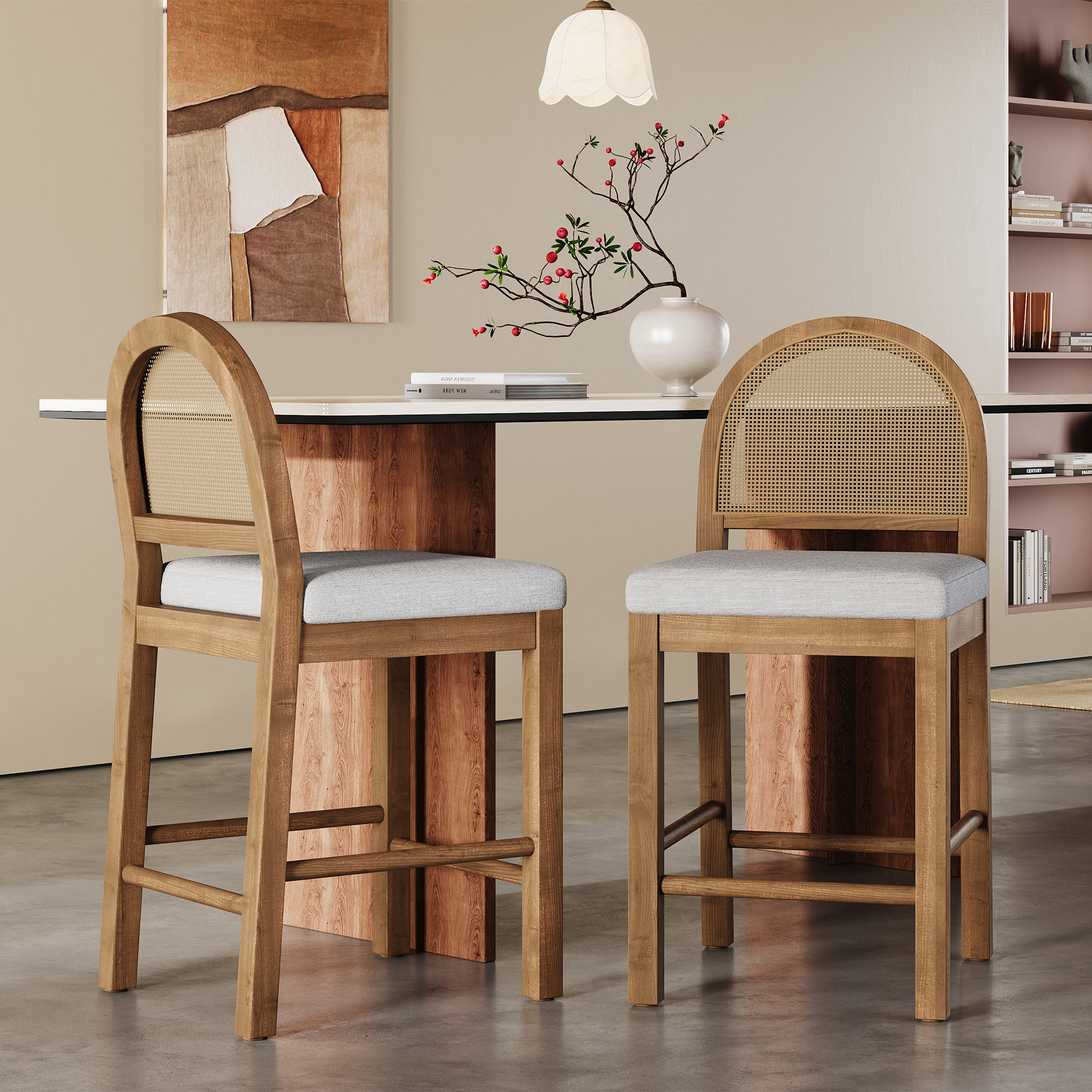 Laurel Foundry Modern Farmhouse® Judd 24.50'' Seat Height Modern Rustic Rubberwood Counter Stools With Upholstered Seat And Handwoven Rattan Back & Reviews | Wayfair