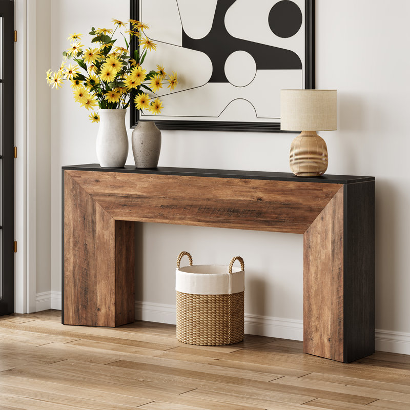 62.99" W Geometric Pedestal Console Table, Rustic Brown 