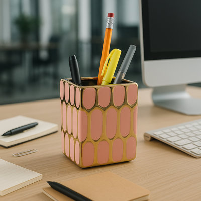 Decorative Geometric Desk Organizer For Bathroom Storage - Modern Chic Desktop Accessory Suitable For Bedroom, Kitchen, Or Dining Room - 4", Pink/Gold