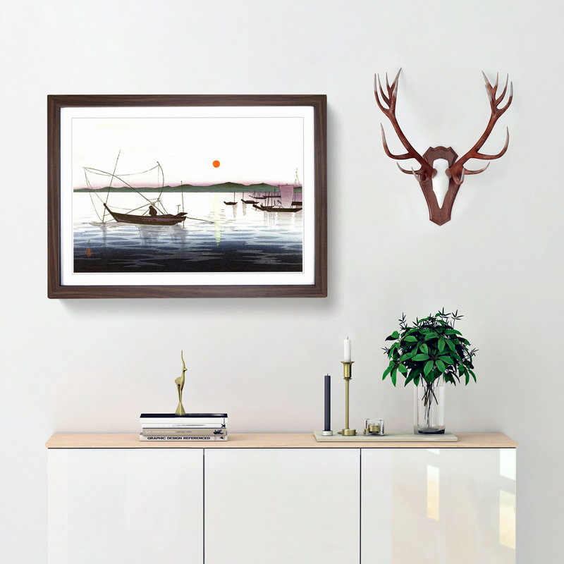 Boats and a Setting Sun by Ohara Koson - Picture Frame Painting Print, 27cm H x 36cm W x 2cm D, Walnut Framed