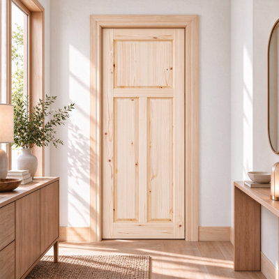 T-Panel Solid Pine Wood Interior Slab Door, Unfinished Natural Wood Door