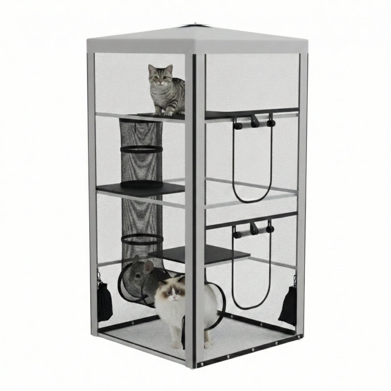 Enclos pour chats et chatons, fabriqué en tissu maillé avec une structure en acier, servant de parc.