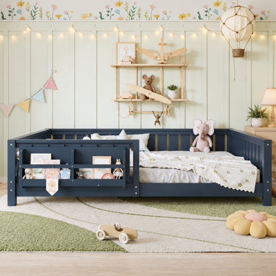 Grand lit pour enfant avec clôture et bibliothèque intégrée, lit pour grand lit Montessori avec lattes et garde-corps de sécurité, lits Montessori pour enfants faciles à assembler, bleu