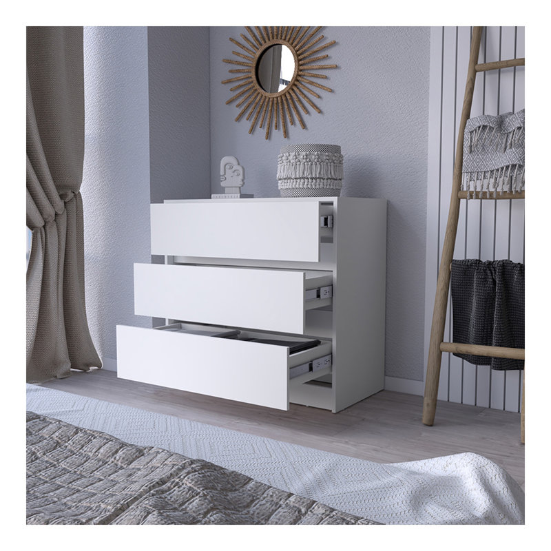 Commode Maldus, trois tiroirs, finition blanche