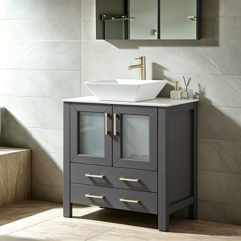 30''Modern Black Vessel Bathroom Vanity With Stroage