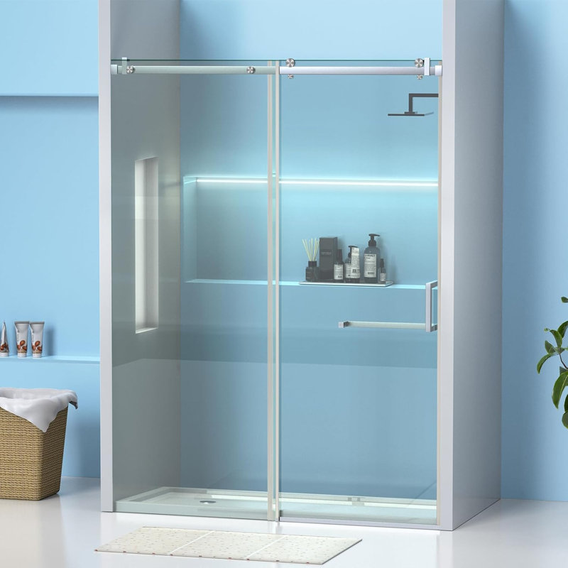 56-60" W x 75" H Sliding Shower Door, Frameless Glass Shower Door with 5/16" (8mm) Clear Tempered Glass, Explosion-Proof Film, Pull Handle, Stainless Steel Hardware, Brush Sliver Finished