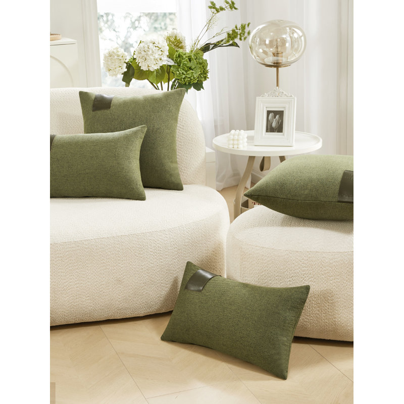Decorative Solid Pillow Covers with Leather Label (Set of 2), 16"H x 16"W, Olive Green