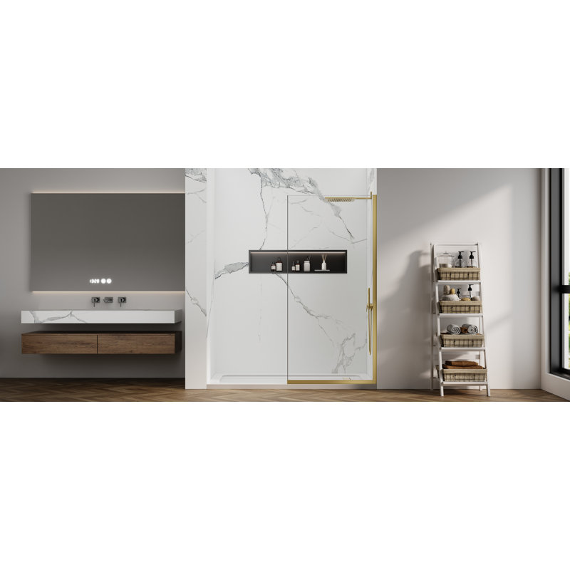Panneau de douche simple fixe en verre 34 po x 74 po, porte de verre de douche en verre trempé épais de 3/8 po de couleur or