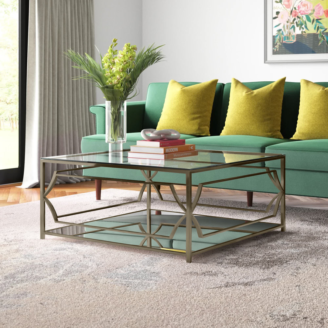 Pangea Home Edward Square Coffee Table - 4 Legs Modern/Glam Coffee Table with Storage - Modern Square Coffee Table – Tempered Glass Top with Steel Frame for Living Room, Bedroom, and Office Everly Quinn 