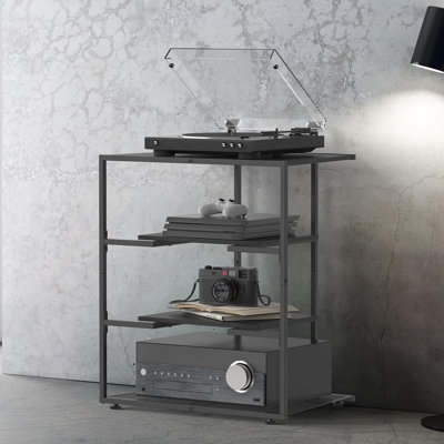 Meuble multimédia de coin à 4 niveaux avec tablettes réglables en hauteur, armoire audio-vidéo pour tourne-disque, console de jeux, téléviseur et centre de divertissement