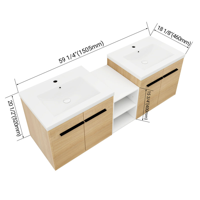 Meuble-lavabo double avec lavabo en résine, tablette ouverte et portes à fermeture en douceur, 24"
