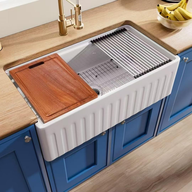 Solid Surface Polyurethane Resin Streamline Nano Farmhouse Sink, Durable, Consistent Colour, Easy-to-Clean, Built-in Accessories