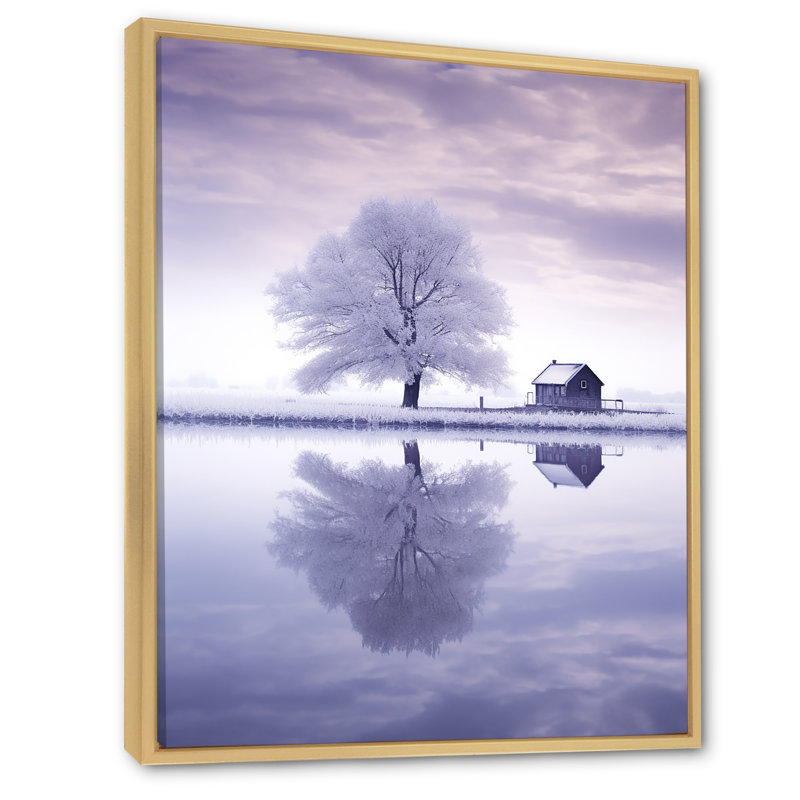 Paysage d'hiver mauve au bord du lac - reproduction sur toile, Cadre naturel flottant, H 40 po x l 30 po