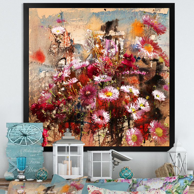 Automne fleurs mélangées - œuvre d'art traditionnelle sur toile, Impression noire sur toile encadrée