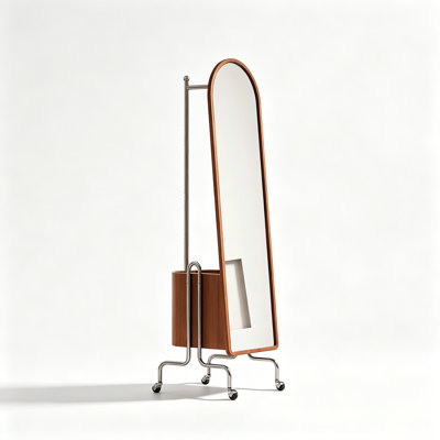 Vintage Style Solid Wood Mobile Dressing Mirror Coat Stand With Hanging Rod And Large Storage Bin