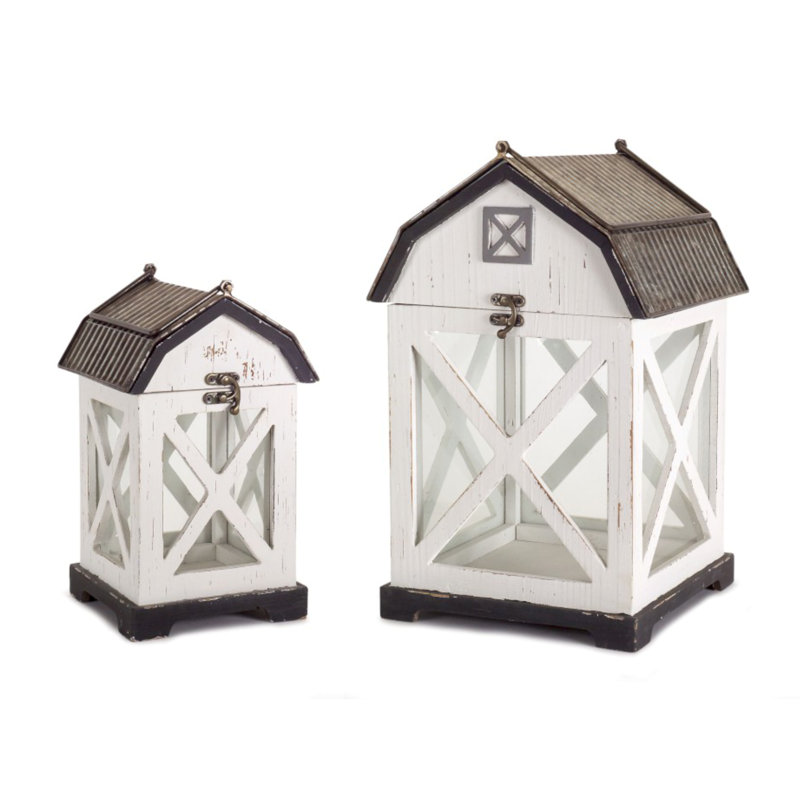 Barn 2 Piece Wood Tabletop Lantern Set